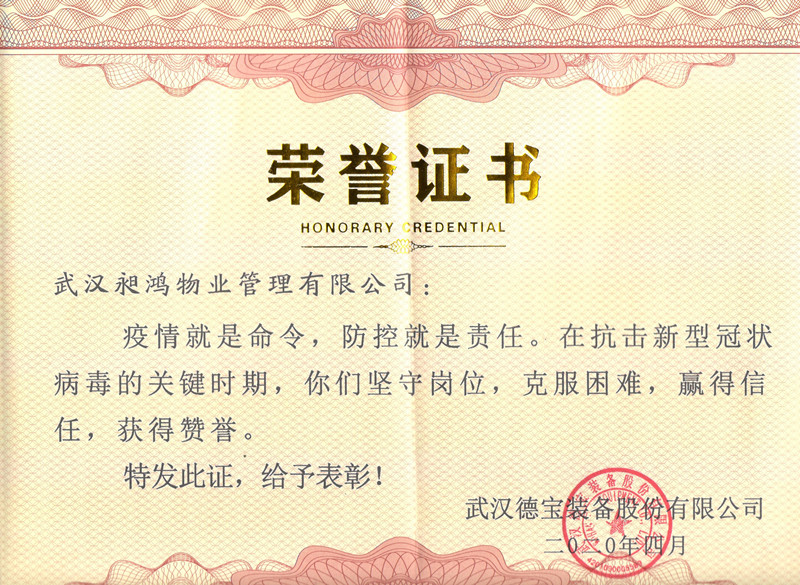 武汉德宝装备股份有限公司荣誉证书
